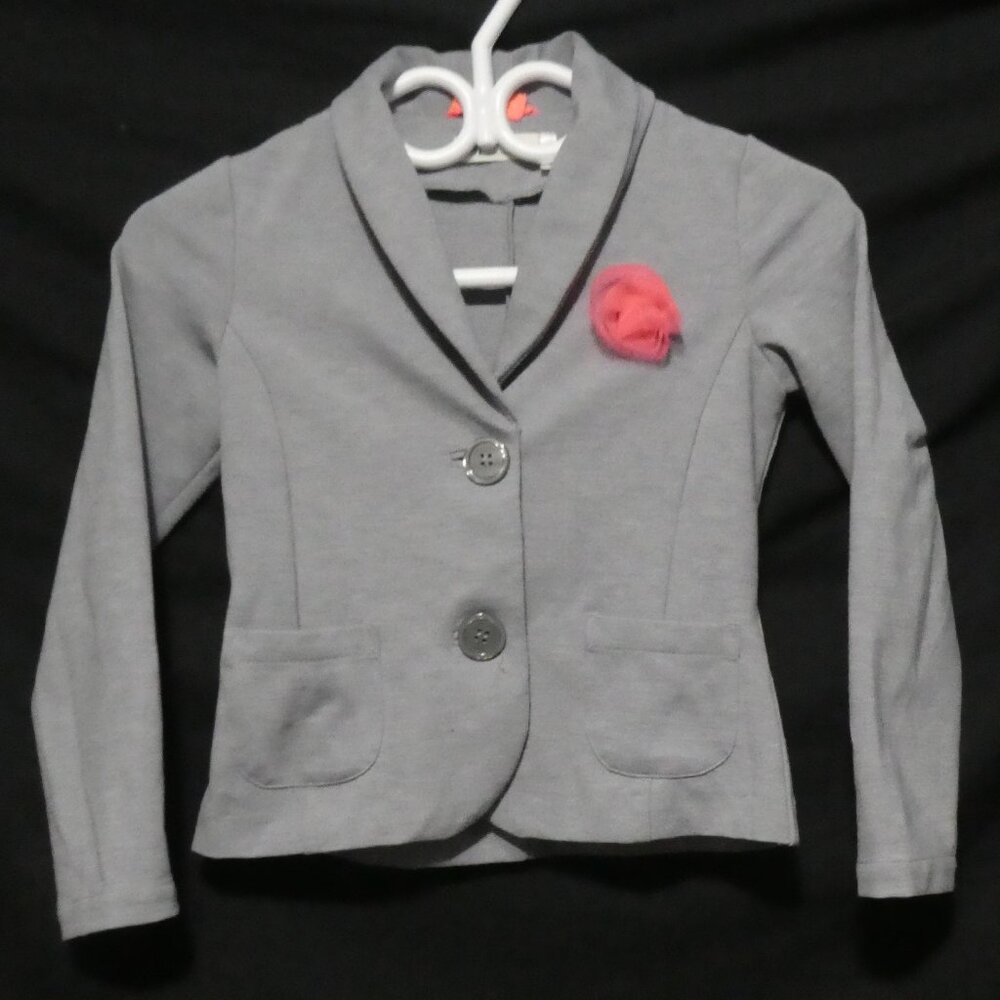 H&M | 7-8 years | Grey Dress Jacket | Button-Up Front | Pink Flower and Bow